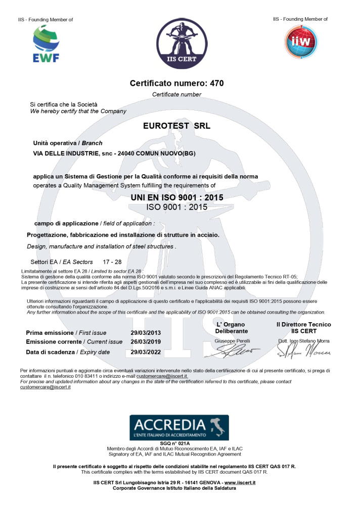 certificazioni carpenteria metallica eurotest a comun nuovo Milano