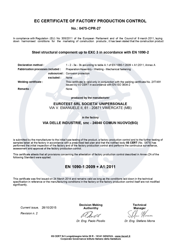 certificazioni carpenteria metallica eurotest a comun nuovo Milano